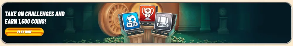 Bannière des défis de jeu Vegasino et des récompenses en pièces de fidélité